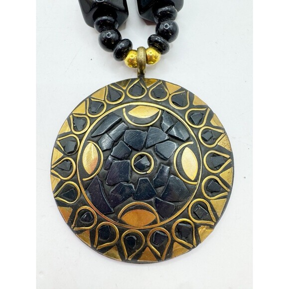 Vintage Brass Inlay Black Chunky Bohemian Necklace Large Pendant Tribal Ethnic - Picture 7 of 13